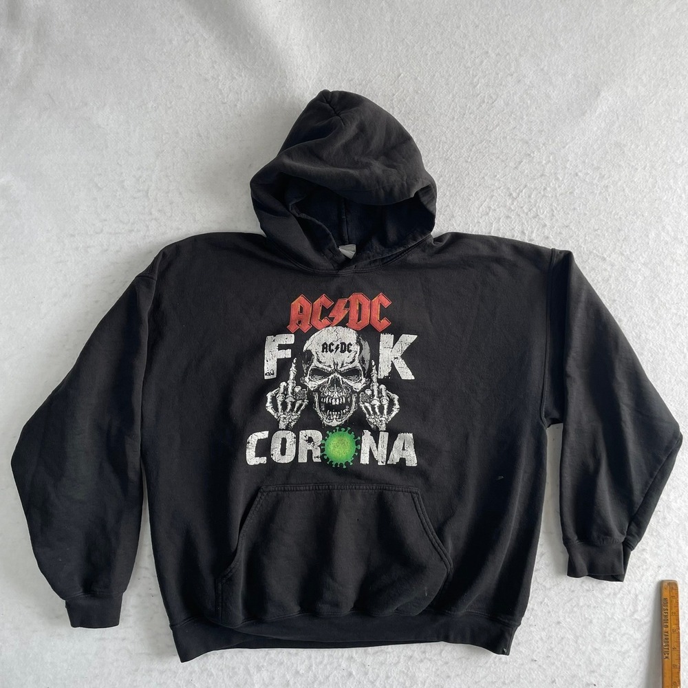 AC/DC Hoodie Mens XL Black F*ck Corona‎ Graphic Pullover Rock Band Skull
